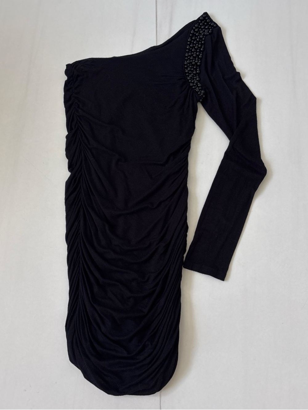 One-Shoulder Black Ruched Dress with Beaded Shoulder